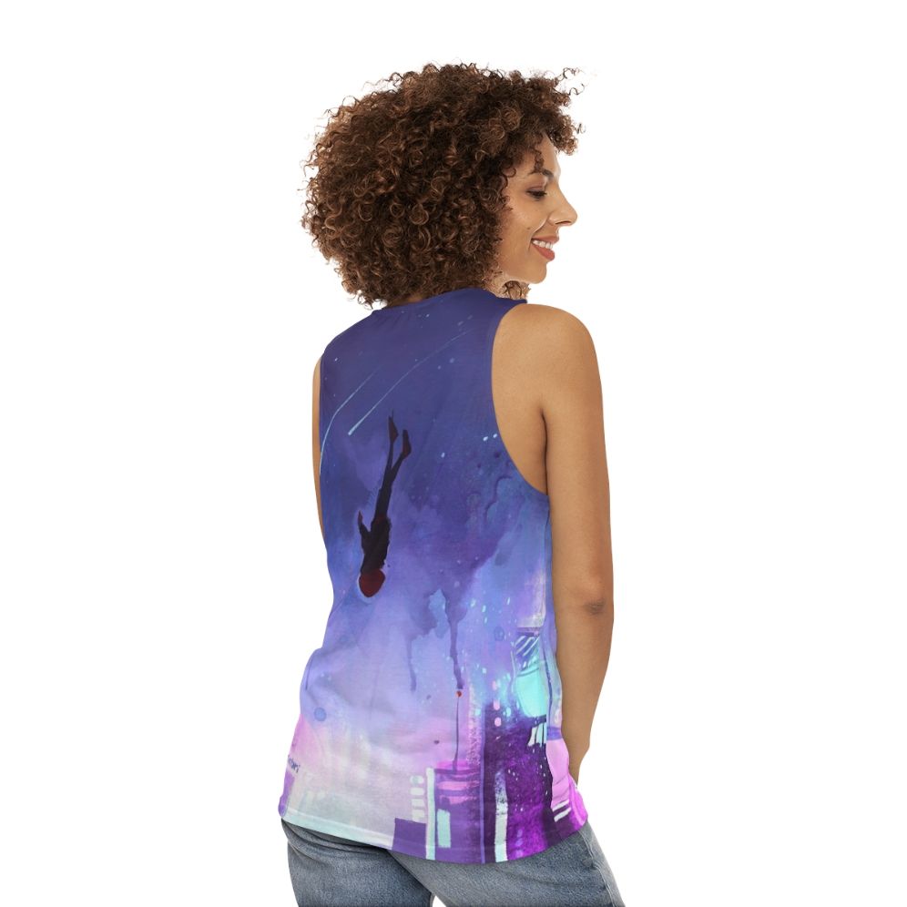 Spiderverse inspired unisex tank top with "What's Up Danger" design - women back