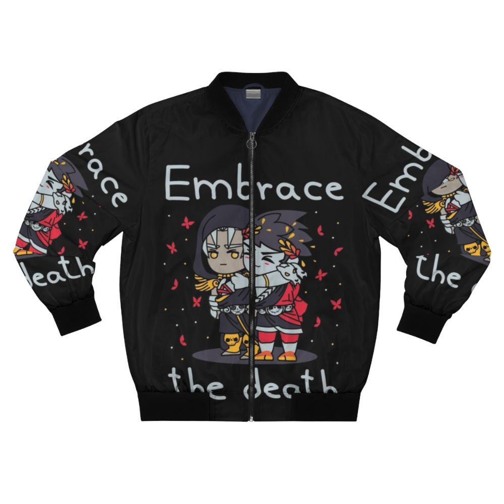 Hades Death Bomber Jacket featuring cute chibi characters from the video game Hades