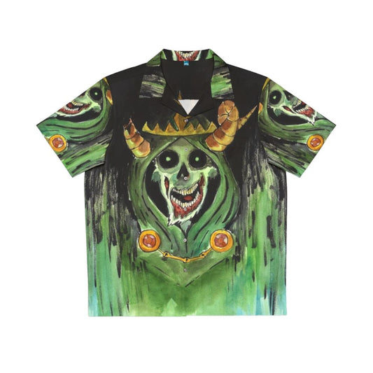 Lich-themed Hawaiian shirt with skulls and zombie elements