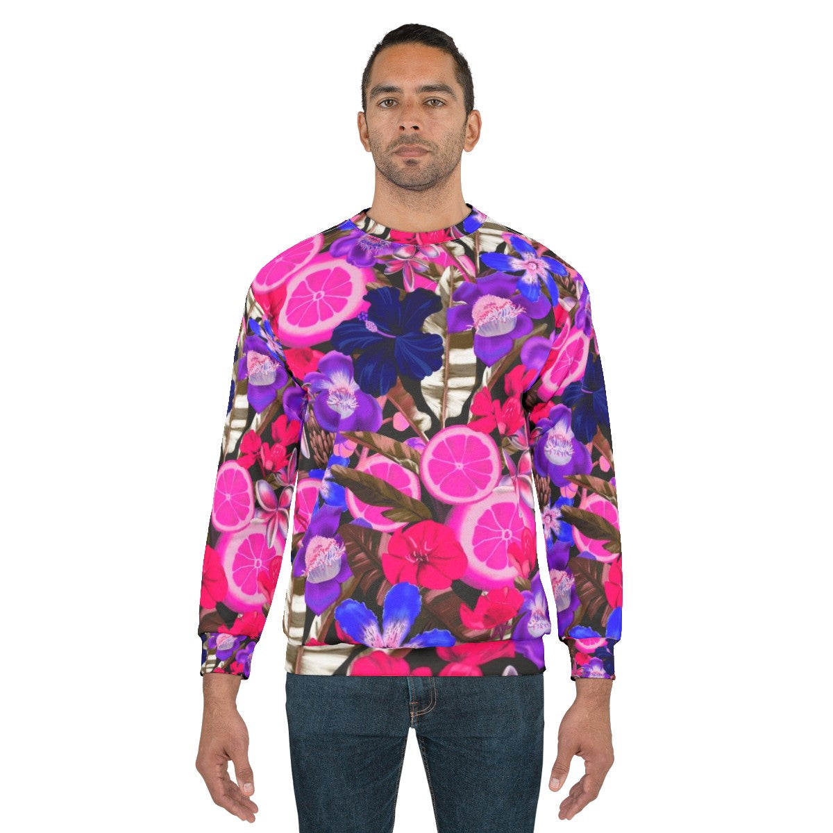 Blue sweatshirt with a colorful botanical and floral pattern - men