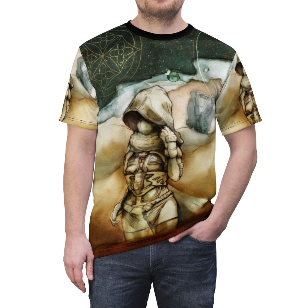 Artistic t-shirt design featuring the character Chani from the Dune movie franchise, set in the Arrakis desert landscape. - men front