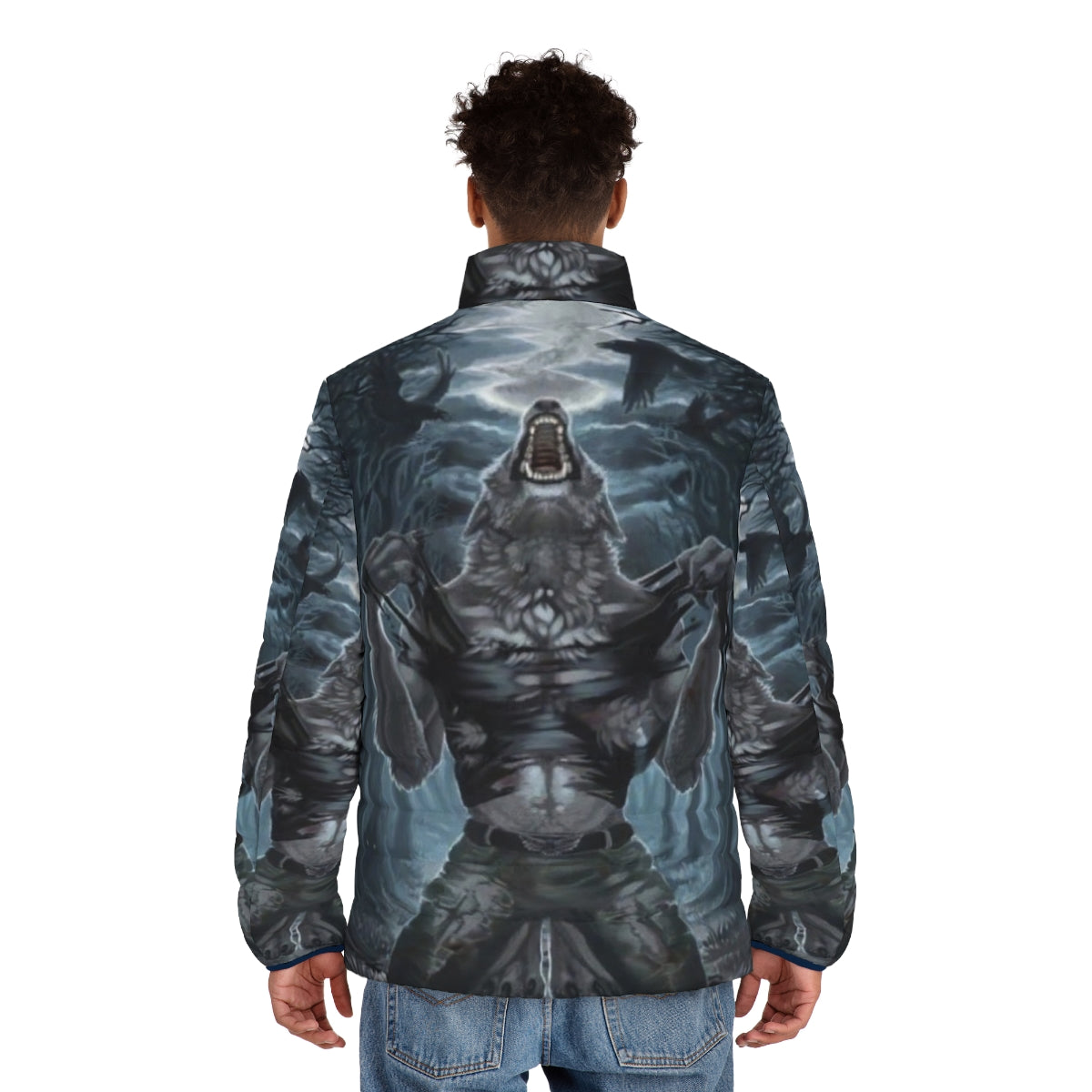 Werewolf ripping through a puffer jacket with claws on a scary moon background - men back