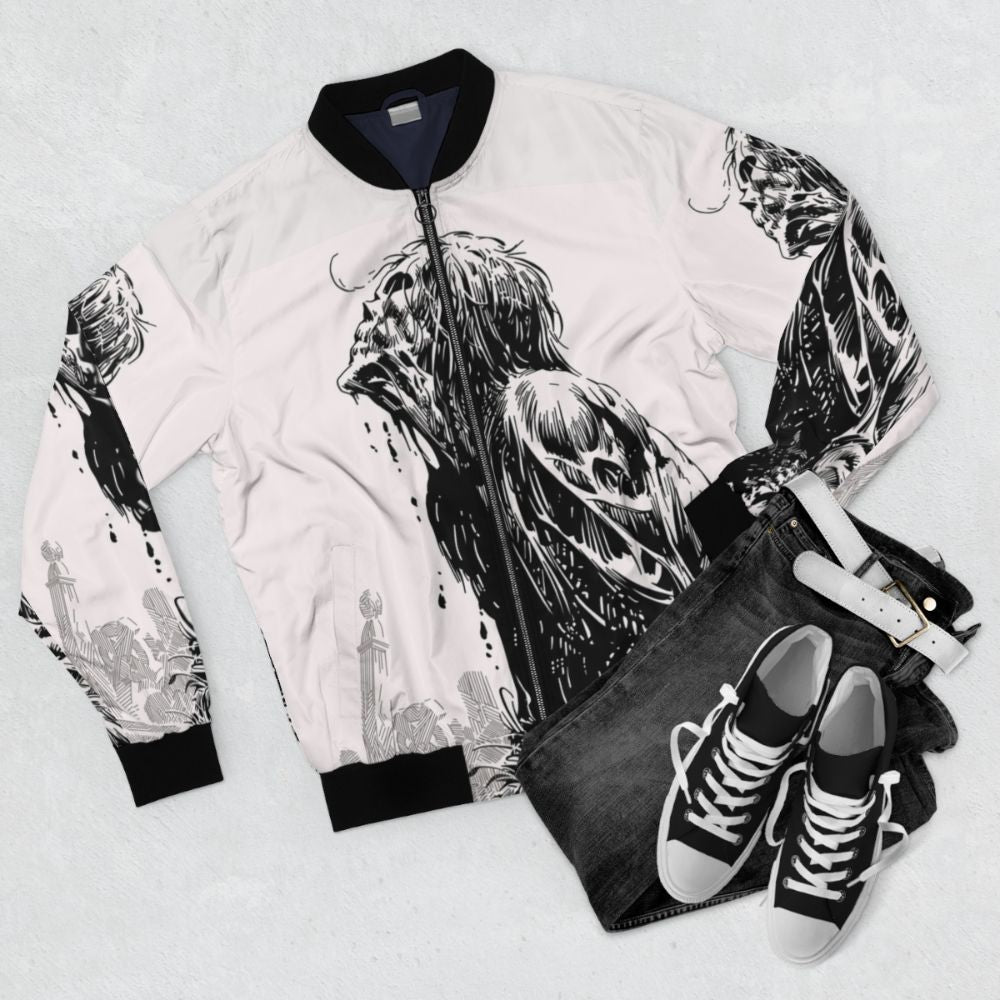 Bernie inspired horror-themed bomber jacket with creepy and eerie designs - Flat lay