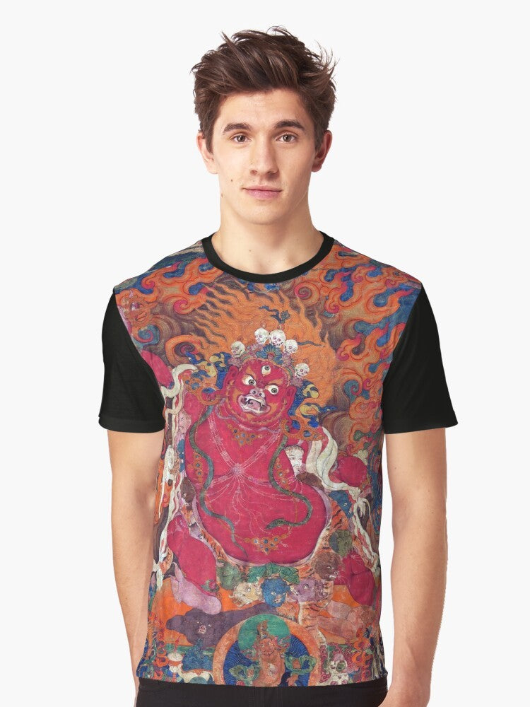 Guru Dragpo, a Tibetan Buddhist deity, featured on a graphic t-shirt with restored Tibetan artwork - Men