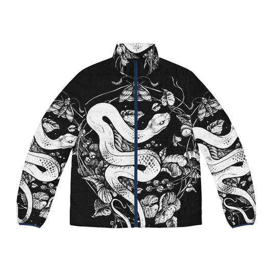 Dark, gothic inspired puffer jacket with nature-based illustrations