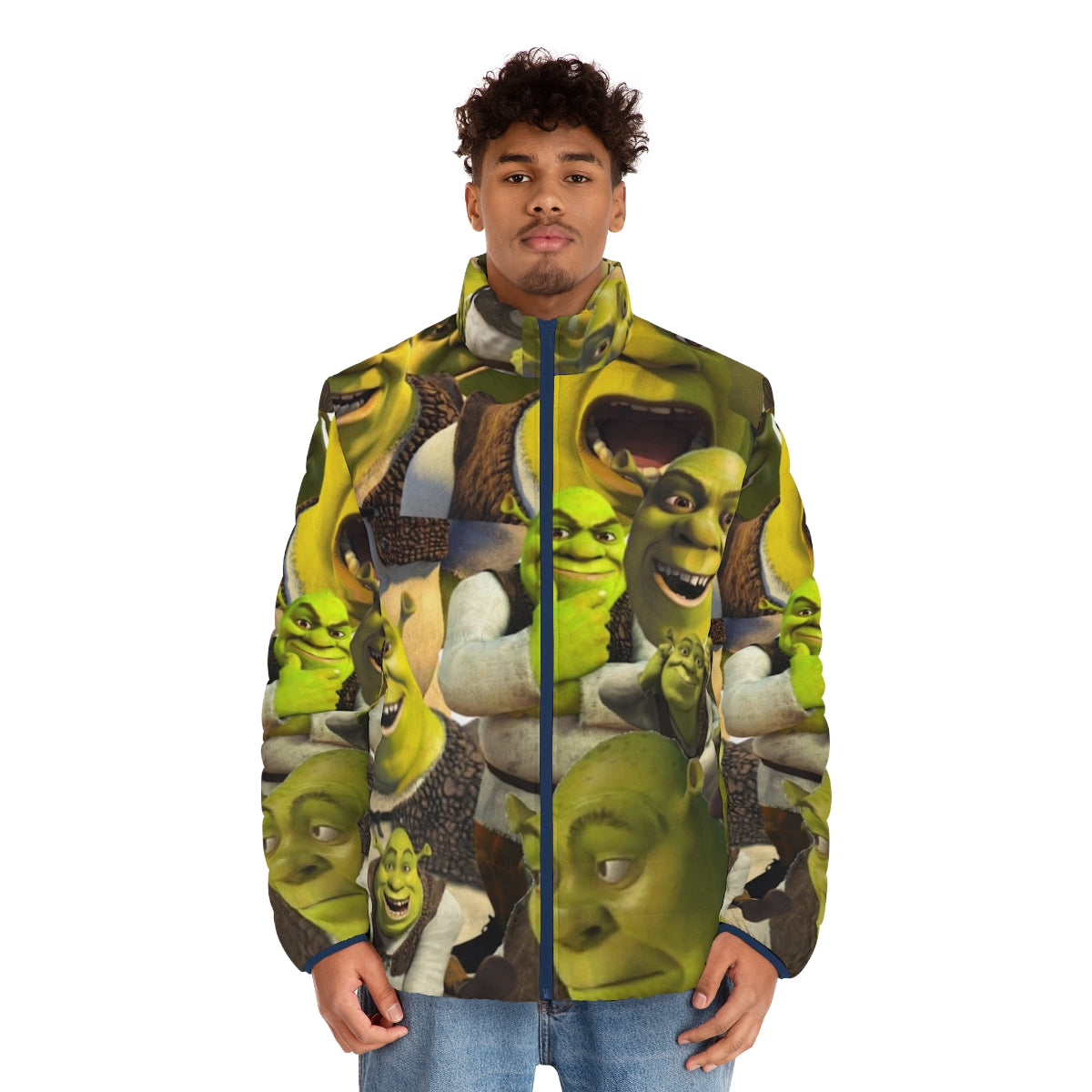 A vibrant green puffer jacket featuring the beloved character Shrek, perfect for fans of the popular culture phenomenon. - men front