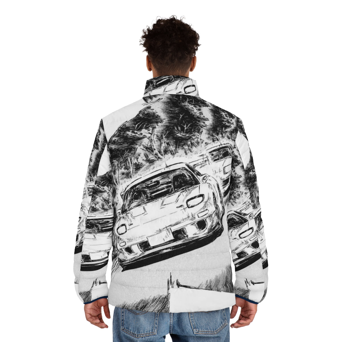 Initial D Rx7 vs Supra V2 Puffer Jacket featuring iconic anime and automotive graphics - men back