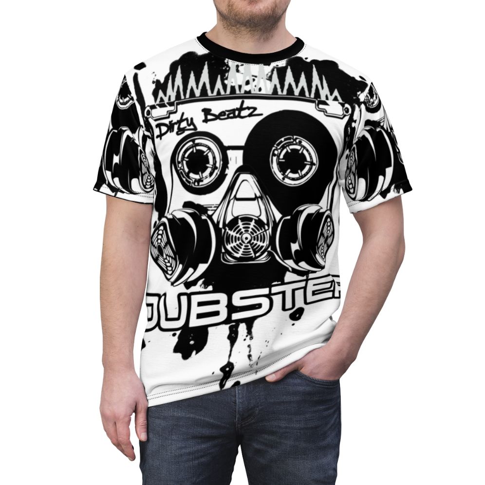 Dubstep t-shirt with vibrant graphic of cassette tape, music notes, and electronic beats - men front