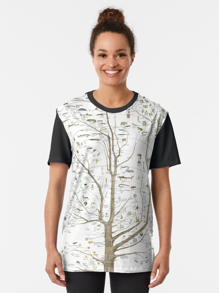 A graphic t-shirt featuring the tree of life, depicting the evolution of various animals including birds and dinosaurs. - Women