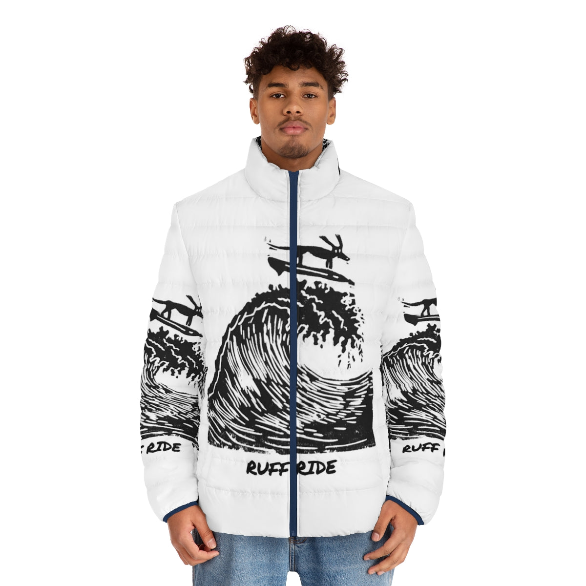 A model wearing a puffer jacket with a dog graphic, perfect for winter outdoor activities. - men front