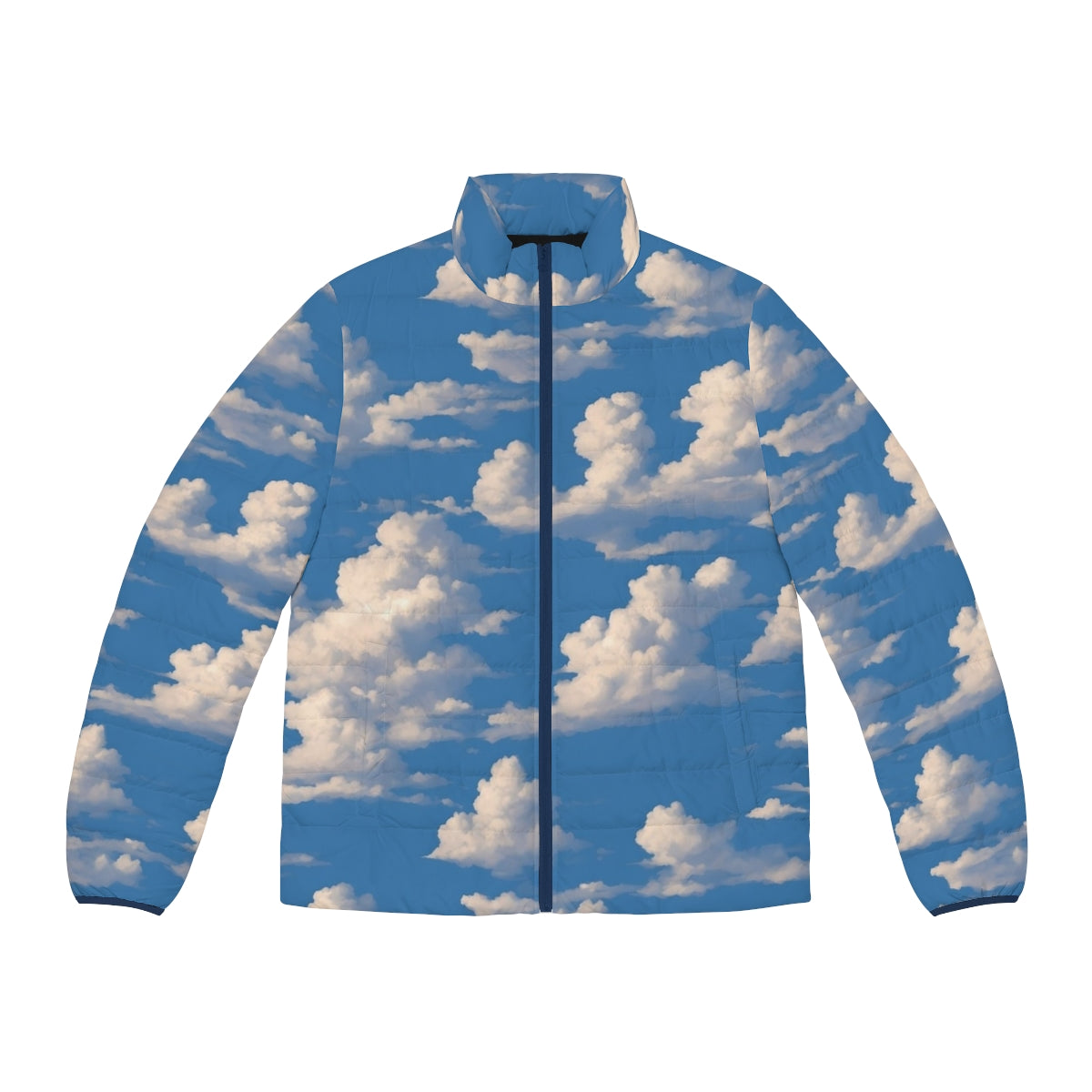 Cloudy sky puffer jacket with nature landscape design