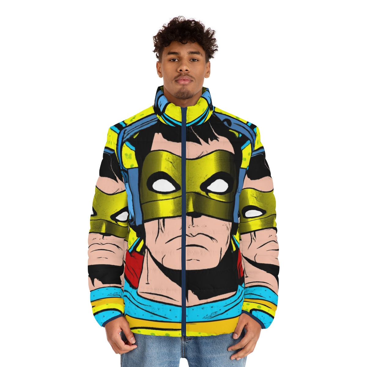 Superhero wearing headphones in a puffer jacket - men front