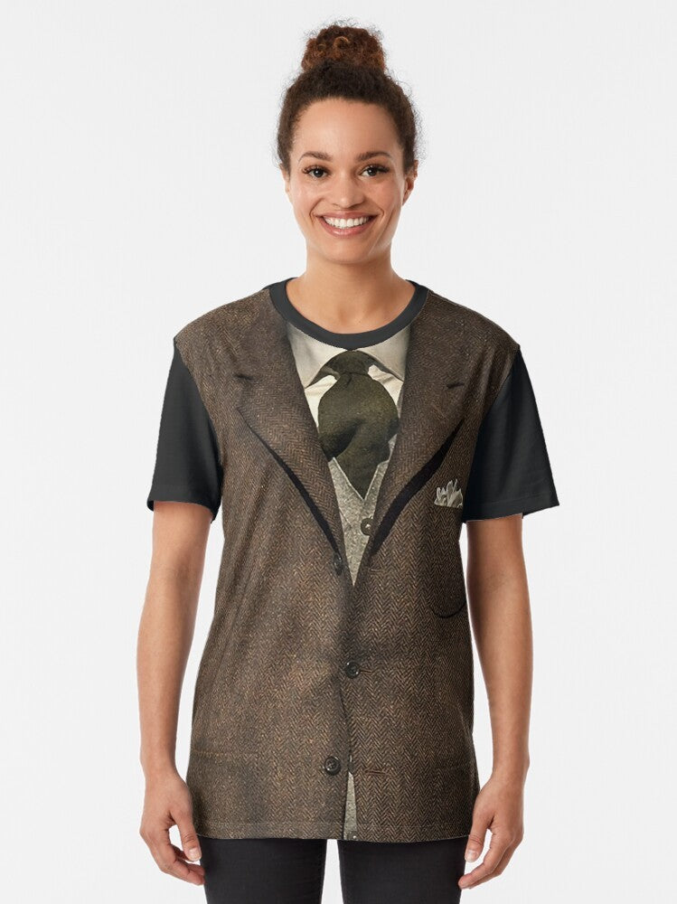 A vintage-inspired graphic t-shirt featuring a dapper gentleman in a suit and tie. - Women