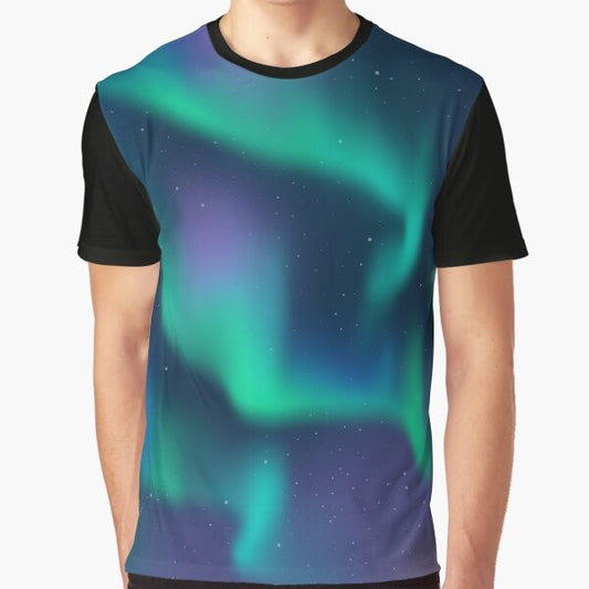 A t-shirt design featuring the mesmerizing aurora borealis, the natural phenomenon of the northern lights.