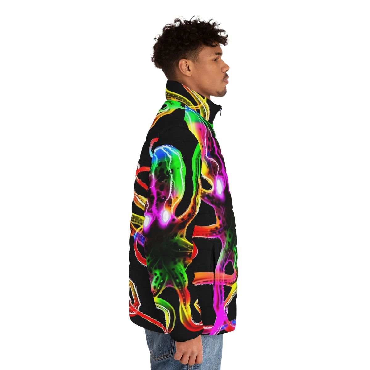 Vibrant rainbow tie-dye puffer jacket with glowing octopus design - men side right