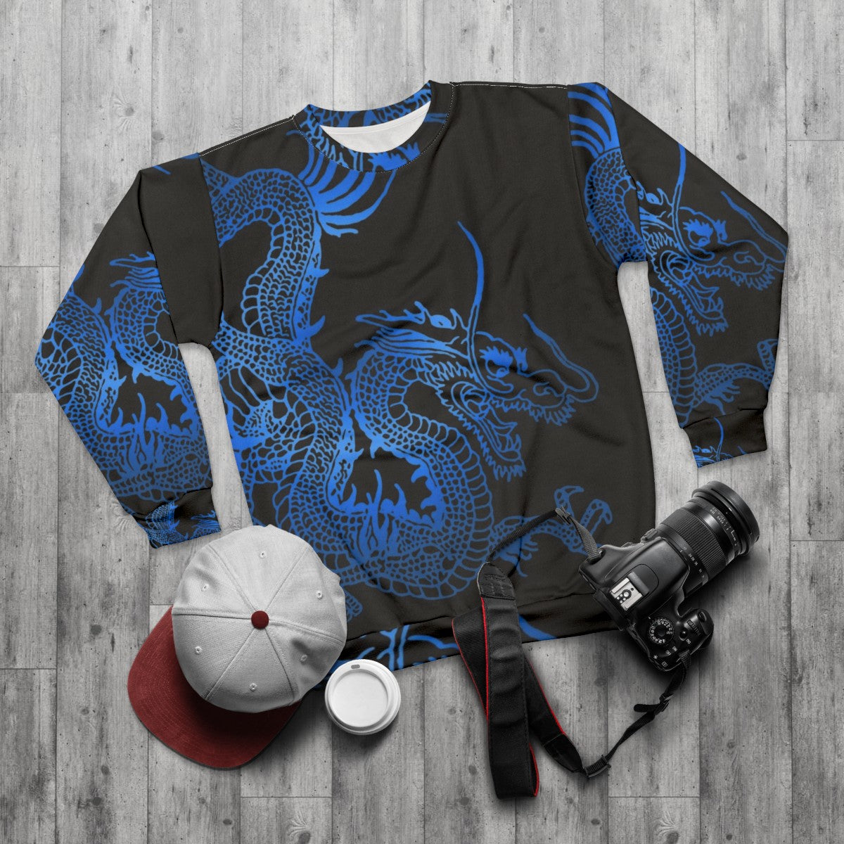 Blue Chinese Dragon Sweatshirt for Dragon Enthusiasts - flat lay