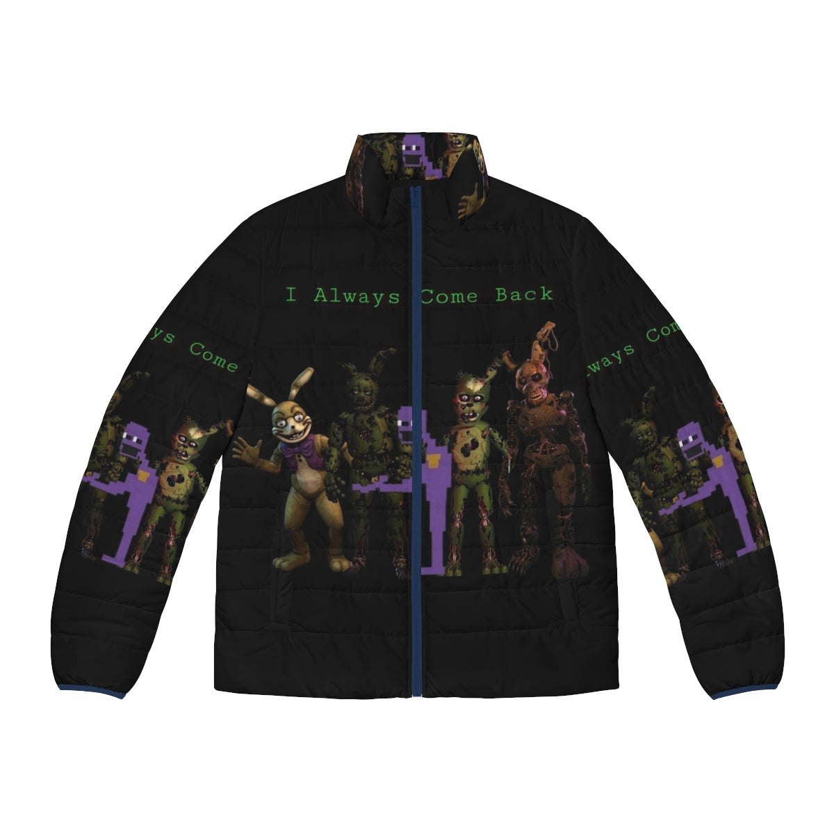 I Always Come Back Puffer Jacket featuring Springtrap, the iconic FNAF villain