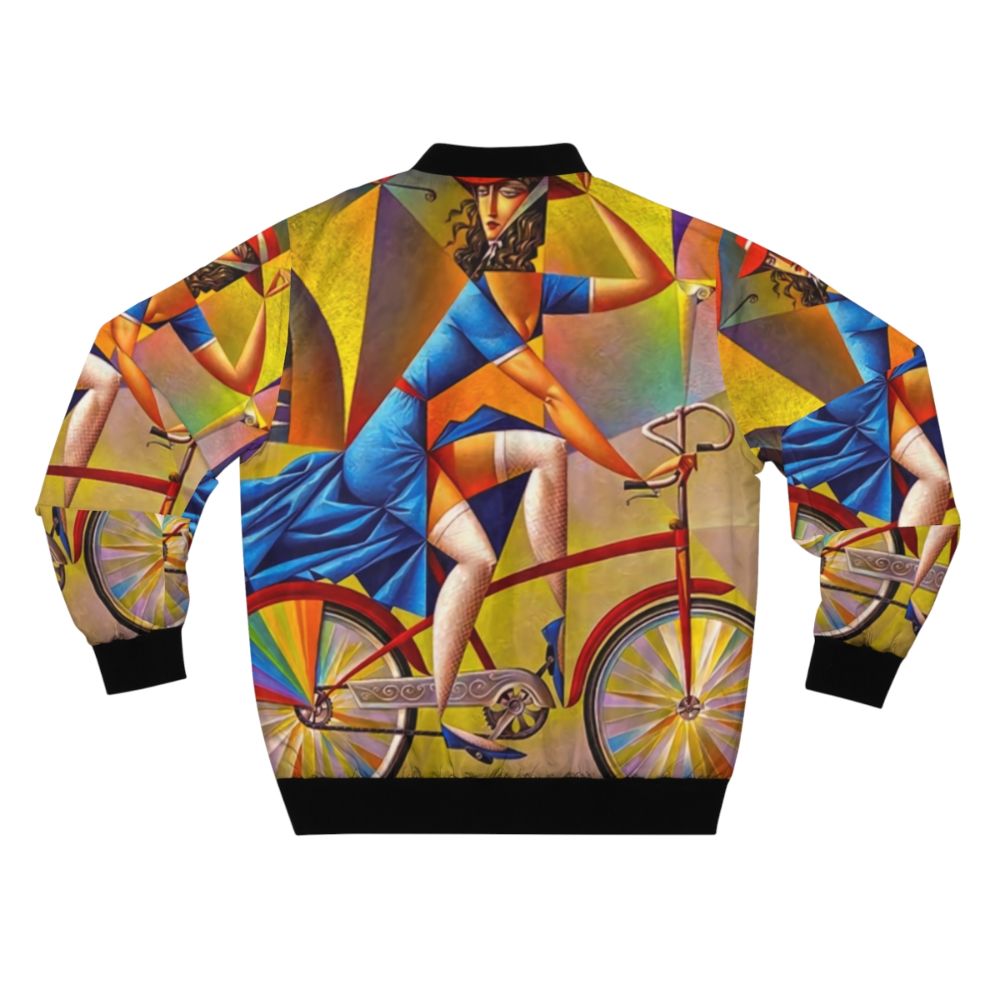 Contemporary bicycle bomber jacket designed by Georgy Kurasov, featuring colorful, emotive, and cubic art elements. - Back