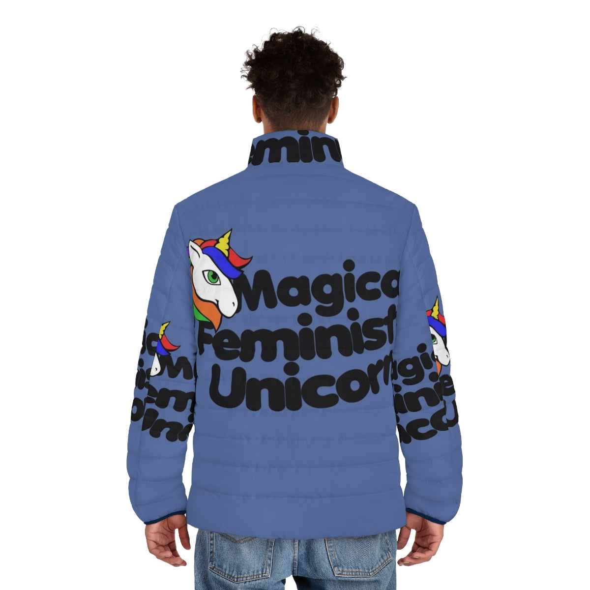 A colorful and whimsical puffer jacket featuring a magical unicorn design - men back