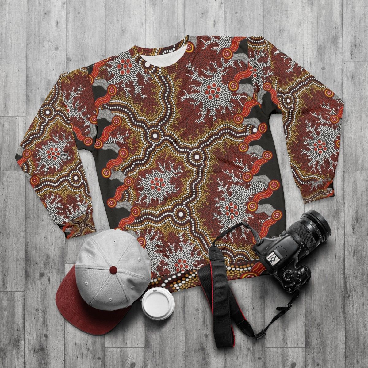 Authentic Aboriginal Art Sweatshirt with Emu and Dot Designs - flat lay