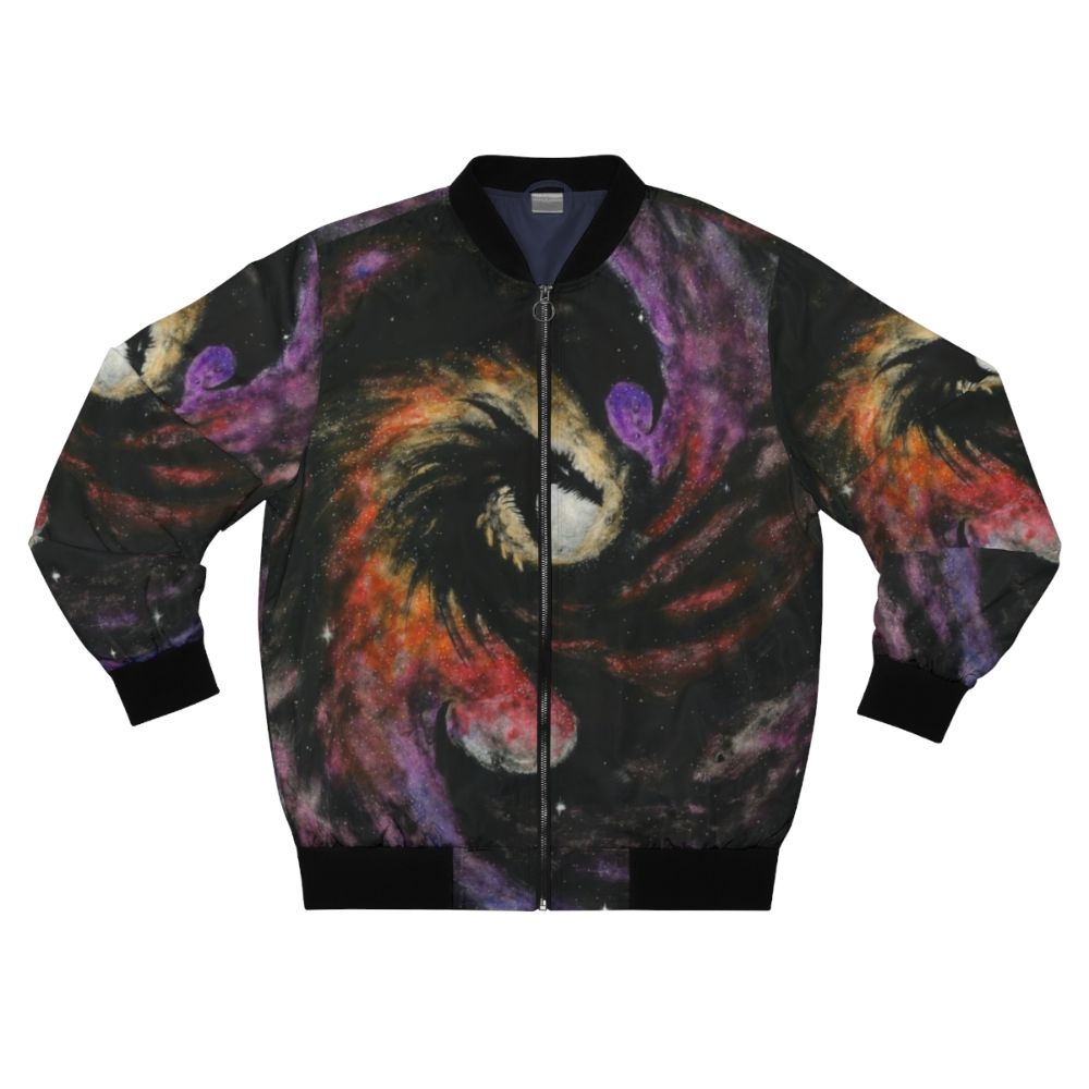 Dragon galaxy bomber jacket with space-themed scratchboard art design