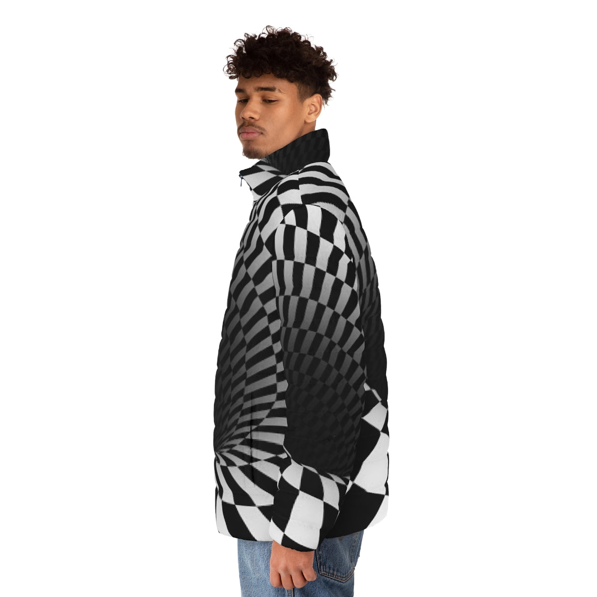 A black and white puffer jacket with an optical illusion checkerboard pattern - men side left