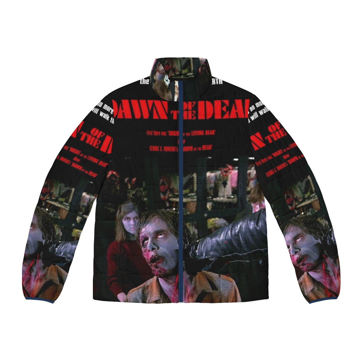 Dawn of the Dead horror-inspired puffer jacket with zombie and post-apocalyptic design