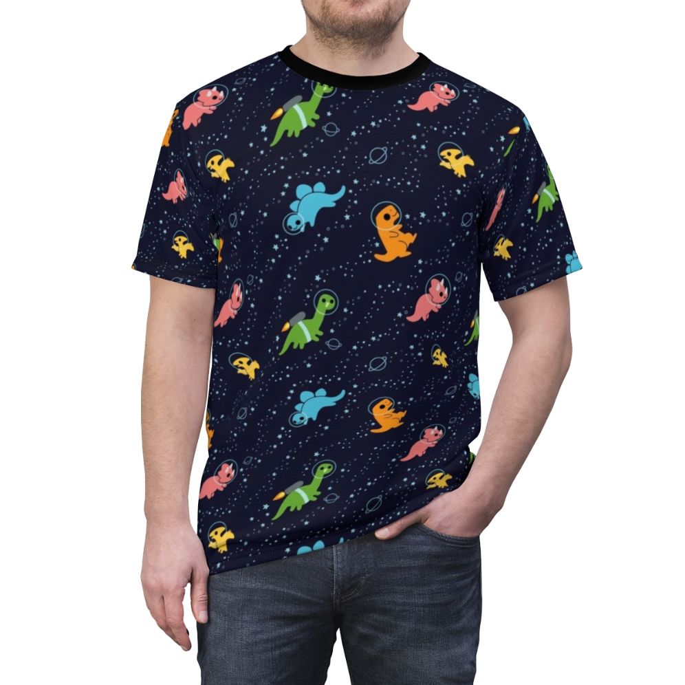 Illustrated design of a cute brontosaurus dinosaur wearing an astronaut suit and jetpack, floating in a night sky filled with stars, galaxies, and planets. - men front