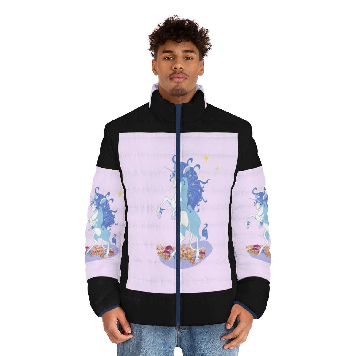 A whimsical puffer jacket featuring the iconic unicorn from the beloved fantasy film The Last Unicorn. - men front