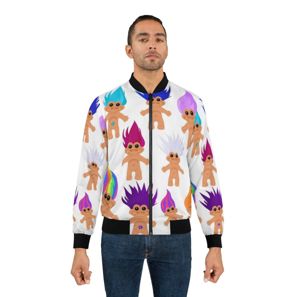 Colorful 90s-inspired bomber jacket featuring a troll doll design - Lifestyle