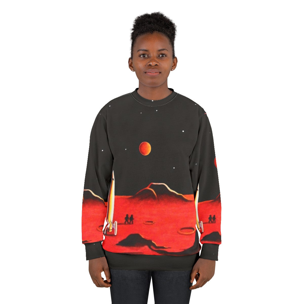 Retro-styled sweatshirt featuring a futuristic city on the planet Mars - women