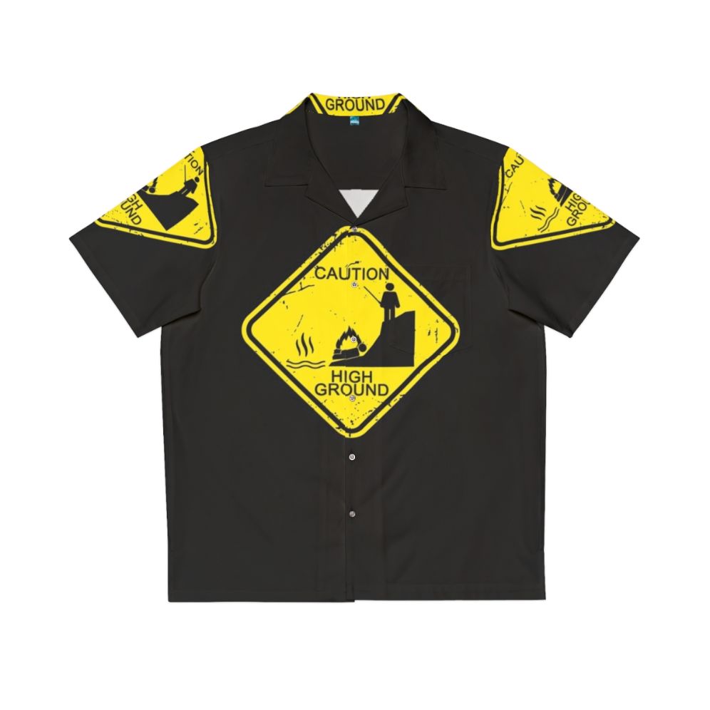 Caution High Ground Hawaiian Shirt with Stick Figure Design