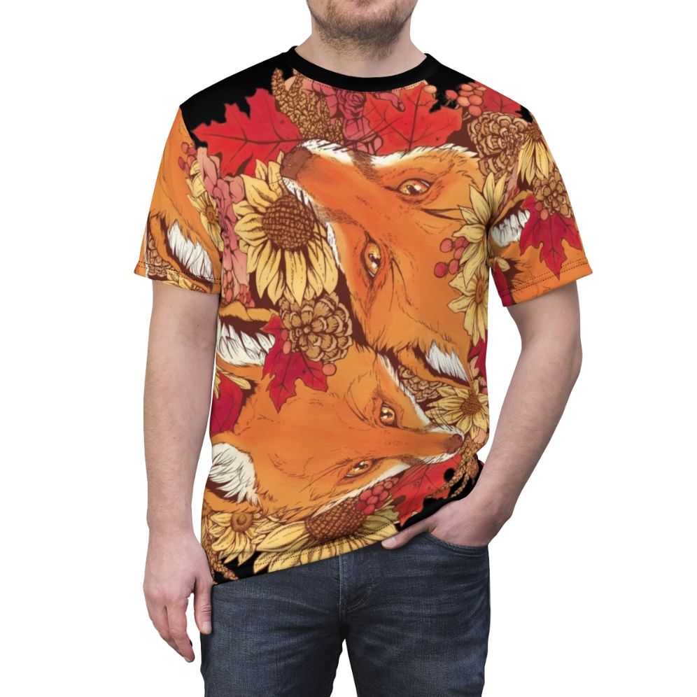 Artwork featuring a red fox surrounded by autumn leaves, sunflowers, and pinecones on a comfortable t-shirt - men front