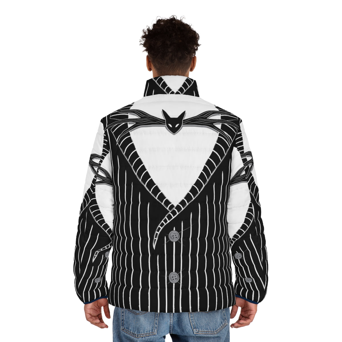 Halloween Tuxedo Puffer Jacket with Skeleton Design - men back