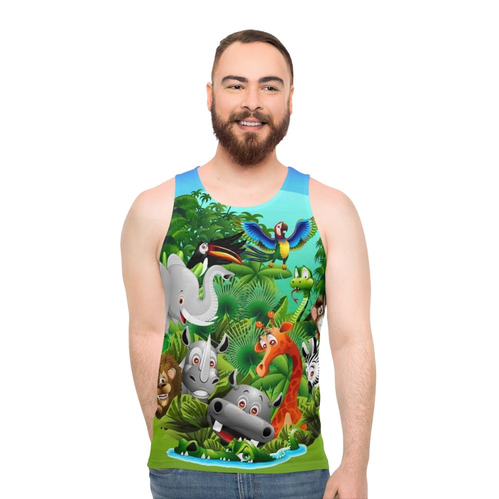 Unisex tank top with jungle-themed animal print design - men