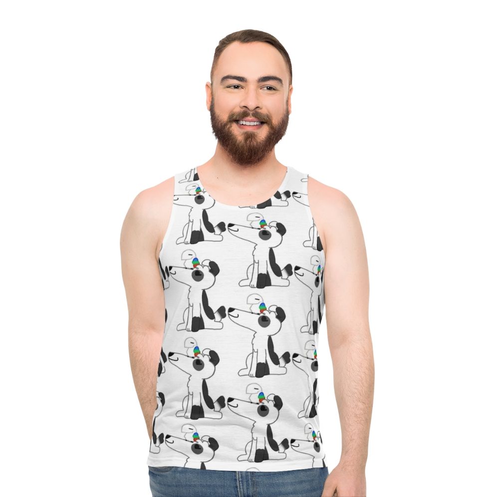 Unisex tank top with dog and bird graphic - men