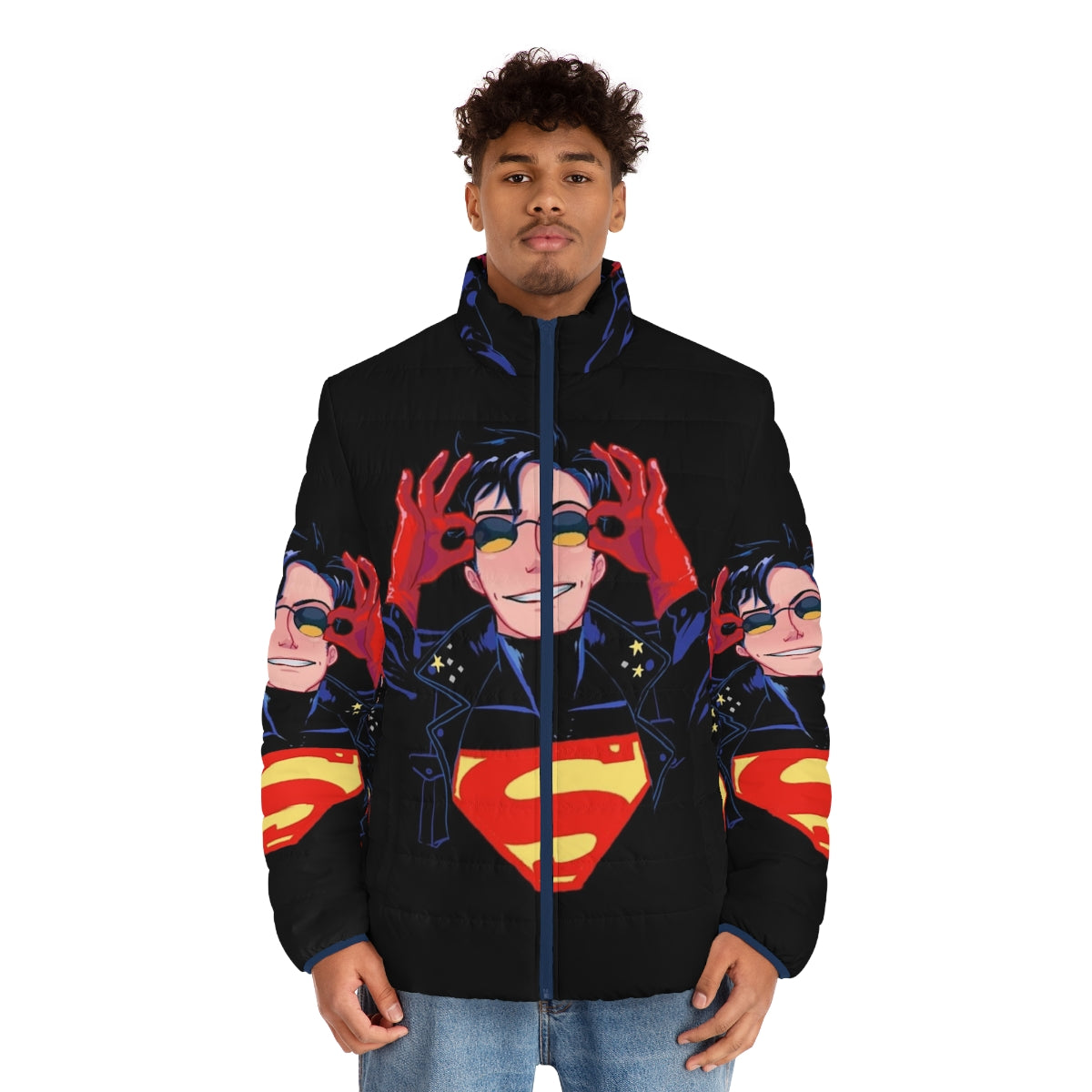 Superboy 90's Hero Puffer Jacket featuring DC Comics Inspired Superhero Design - men front