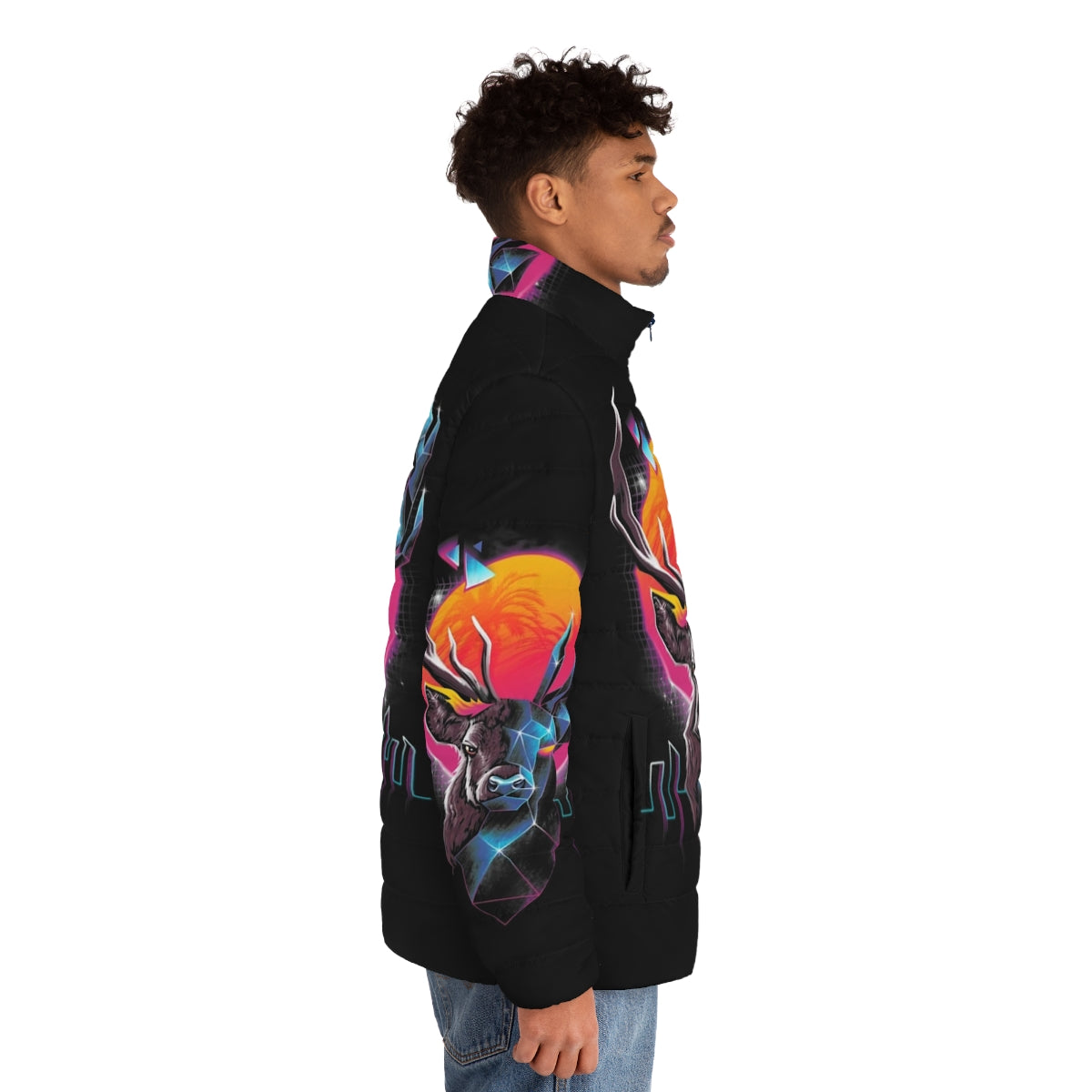 Rad Stag Puffer Jacket with cyberpunk animal print design - men side right