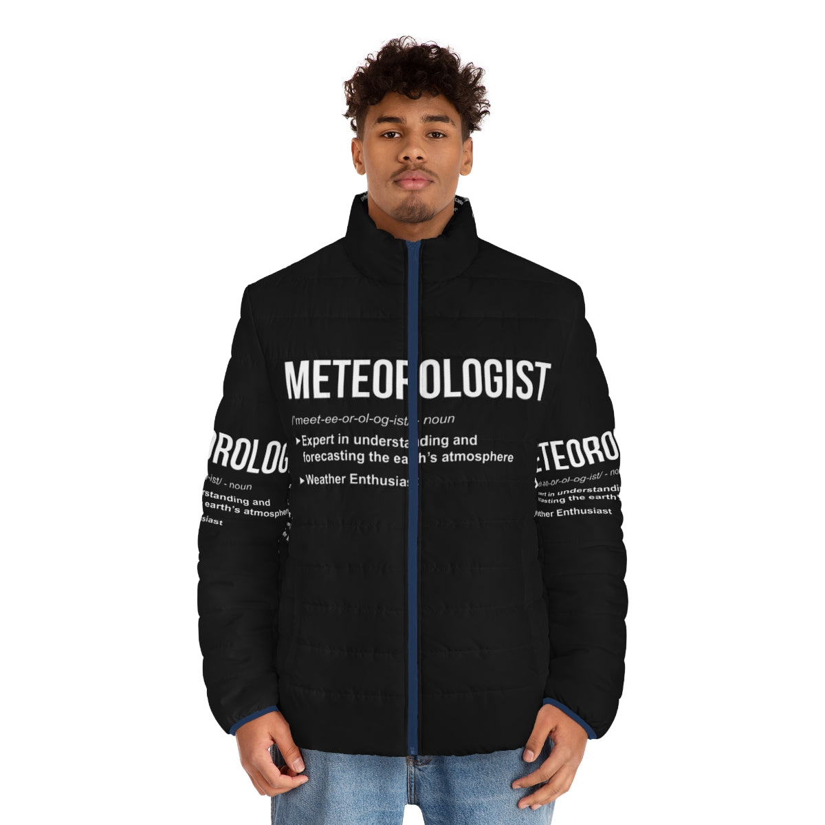 Meteorologist graduation puffer jacket with weather-related design - men front