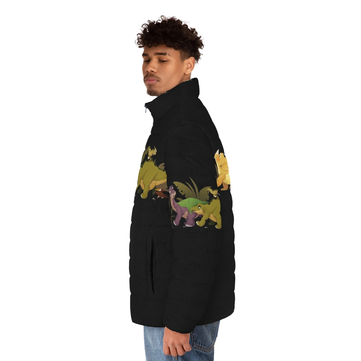 A cozy puffer jacket featuring the beloved characters from The Land Before Time - men side left