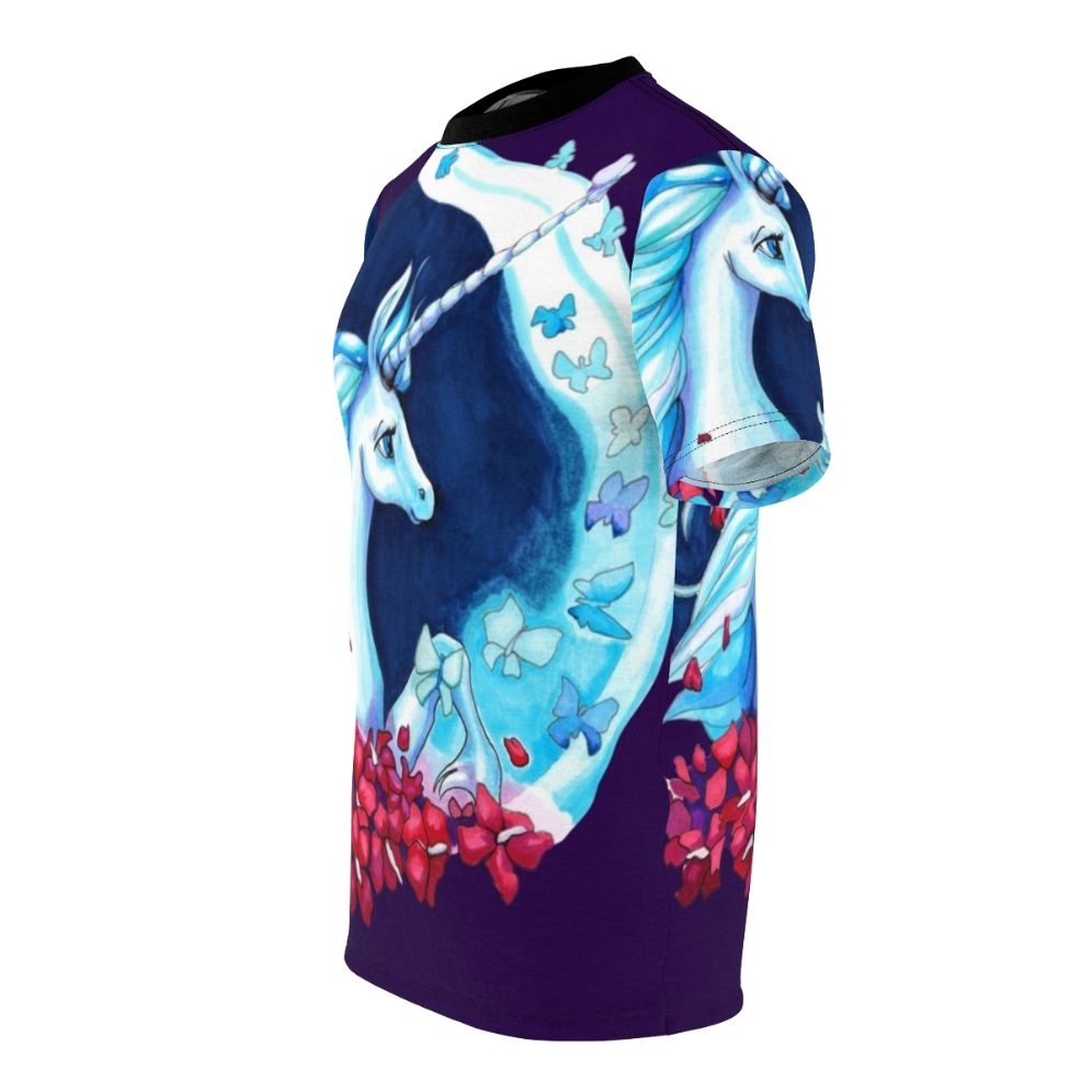 Enchanting moonlight unicorn t-shirt with blue butterflies and floral elements - men left