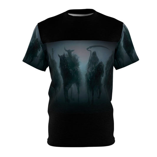 Striking AOP t-shirt design featuring haunting imagery of the undead and four horsemen of the apocalypse