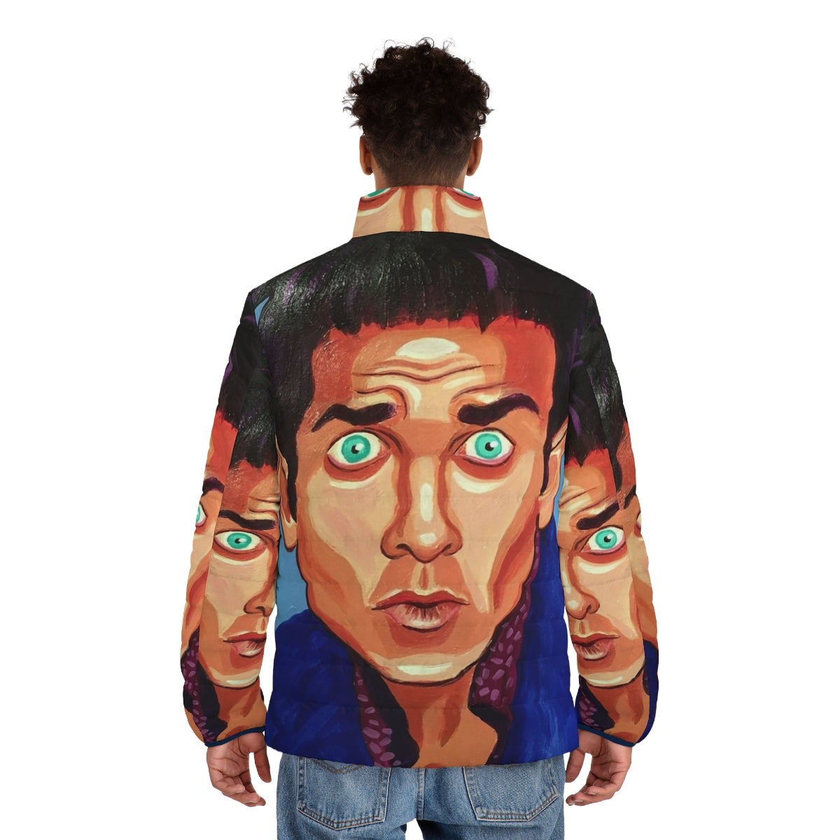 Zoolander Blue Steel Puffer Jacket featuring a portrait of Derek Zoolander - men back