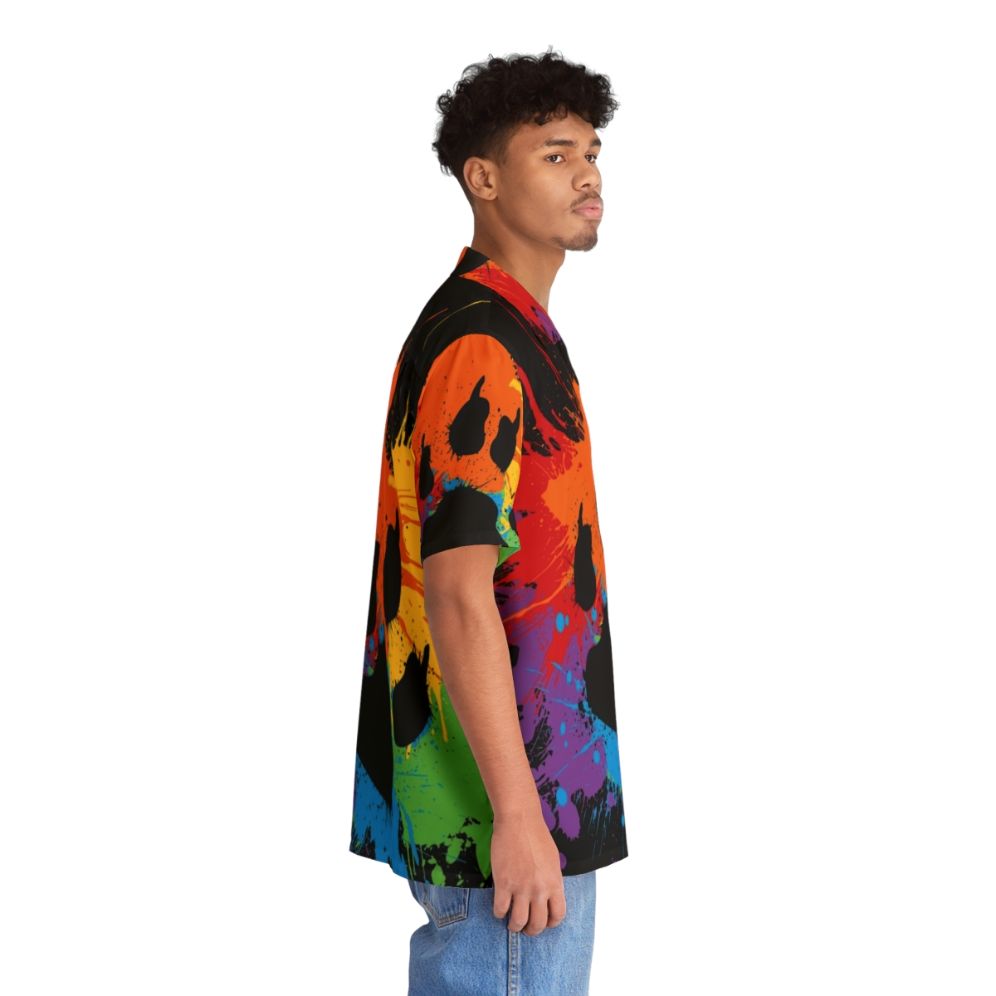 Colorful Hawaiian-style shirt featuring paw prints and rainbow pride design - People Pight