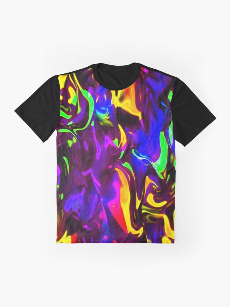 Vibrant neon and glow stick graphic t-shirt for a trippy rave party look. - Flat lay