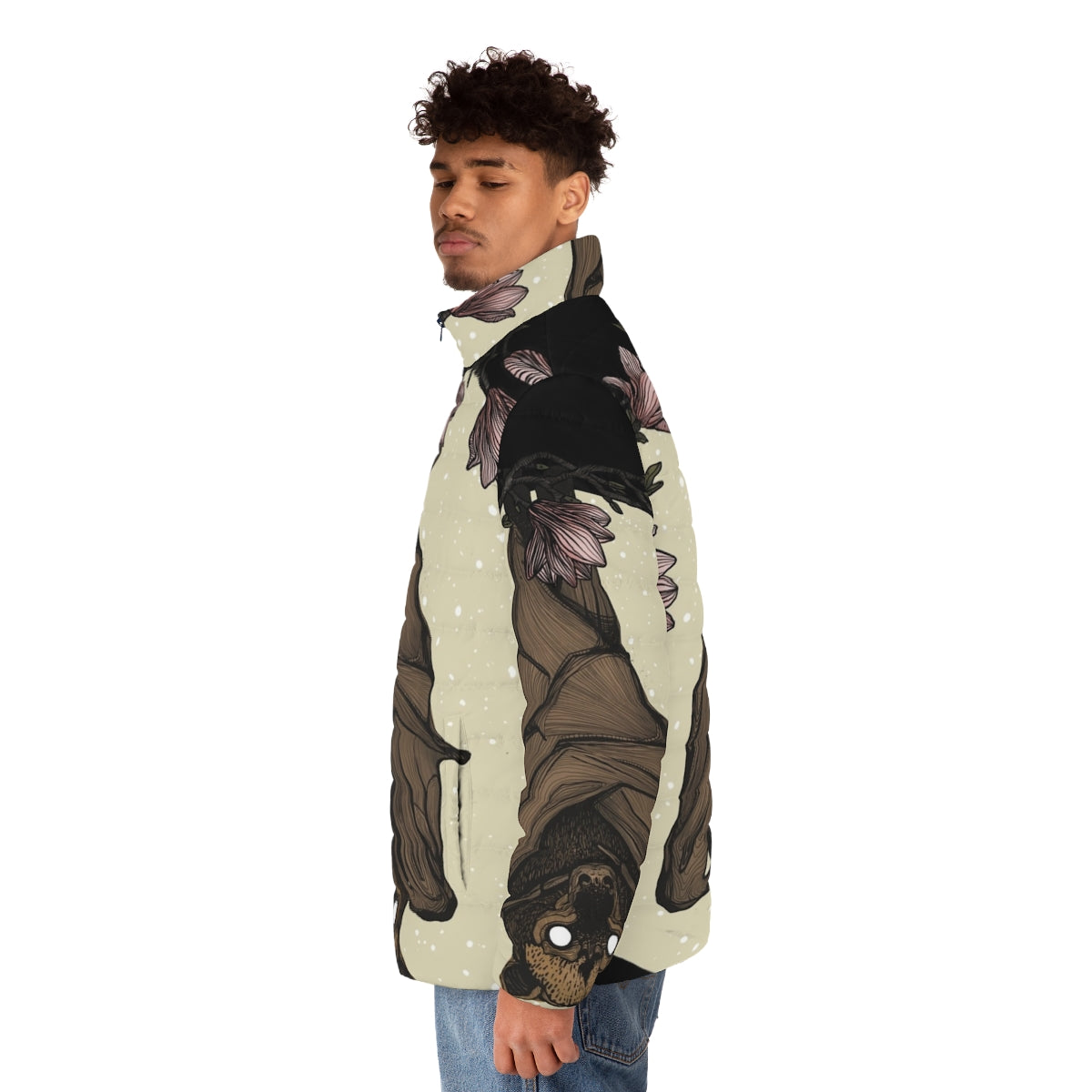 Bat print puffer jacket with a spooky and wildlife-inspired design - men side left