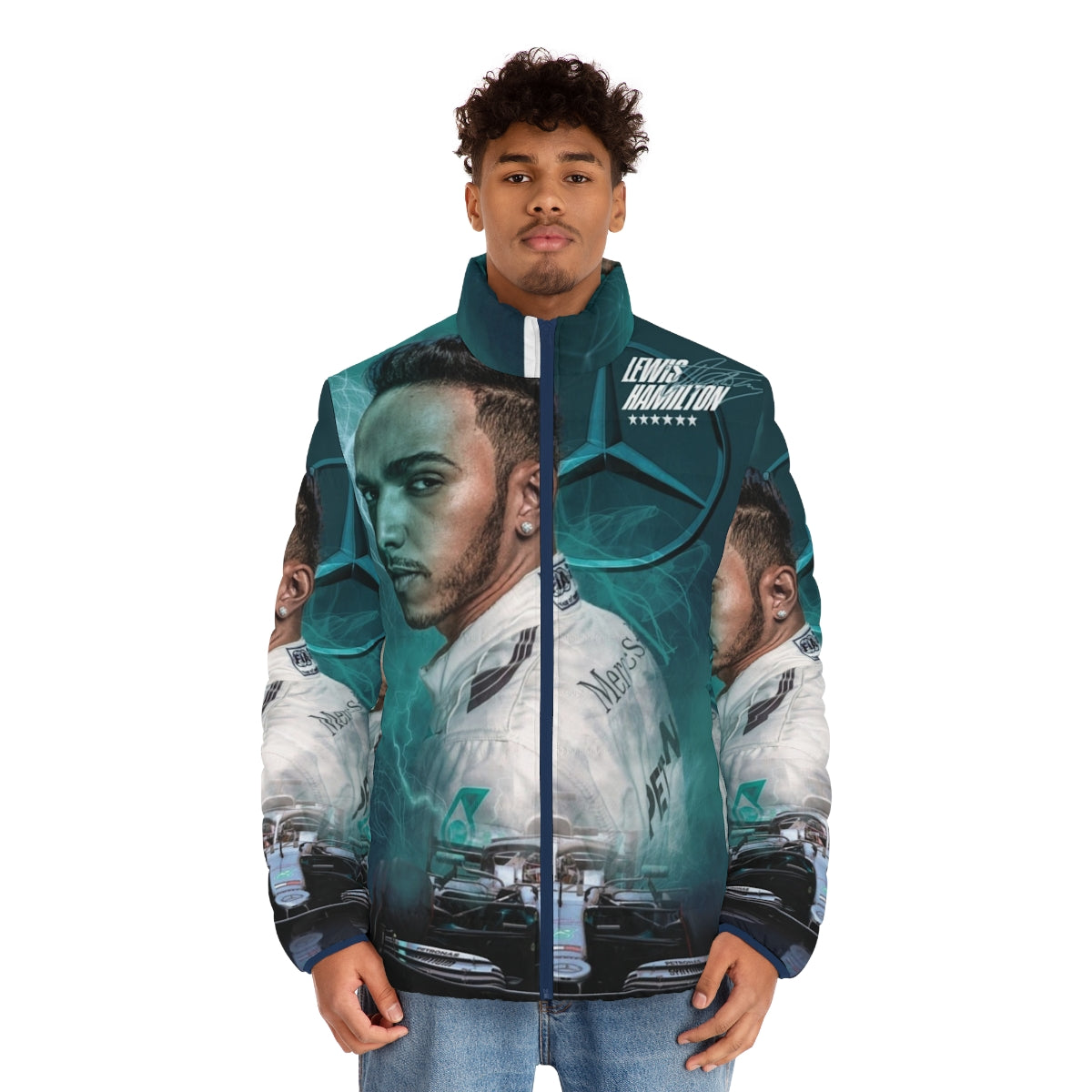 Lewis Hamilton wearing a puffer jacket with Mercedes AMG racing branding - men front