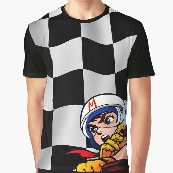 A graphic t-shirt featuring the iconic Speed Racer checkered flag design