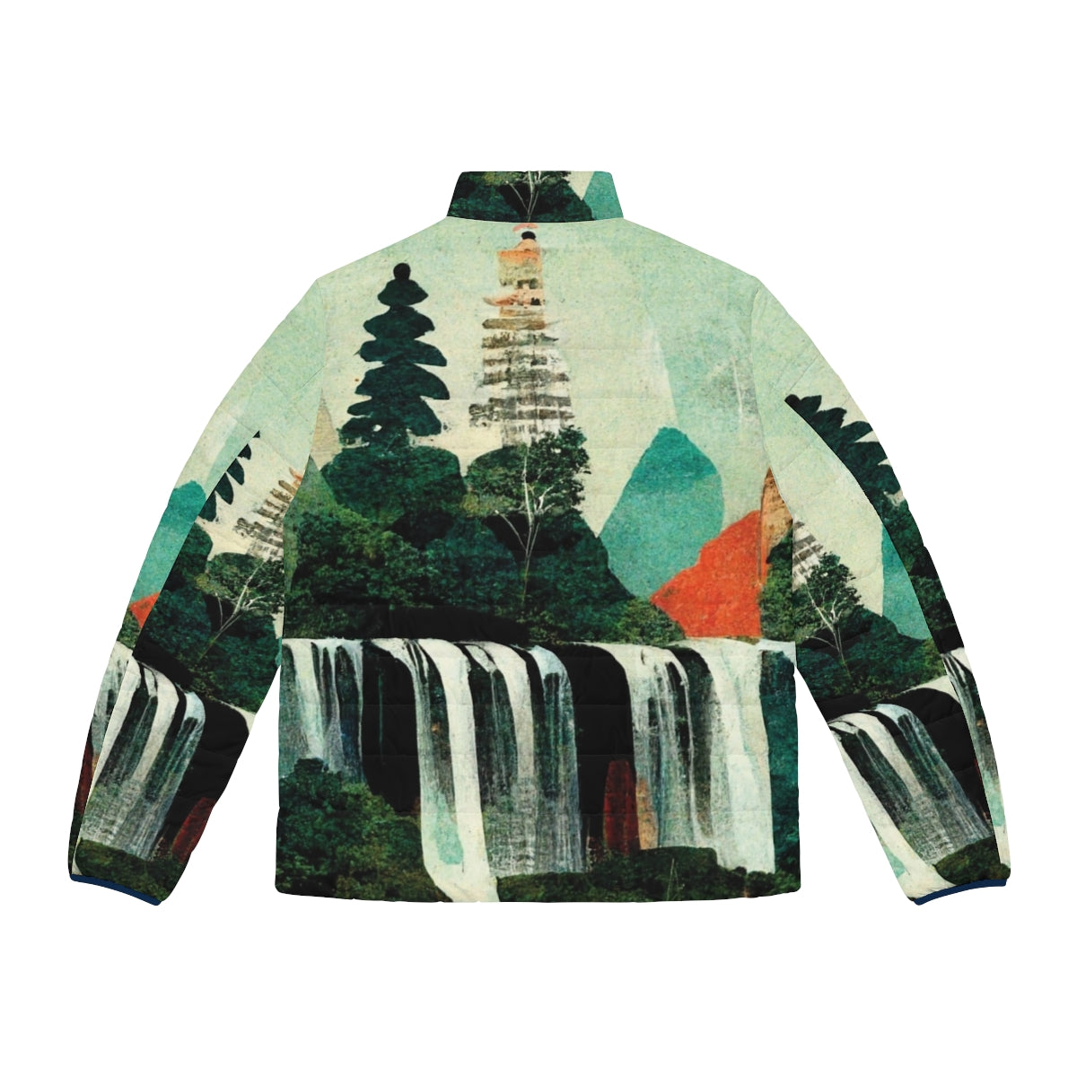 Waterfall artwork puffer jacket with a collage of beautiful waterfalls and nature scenery - Back