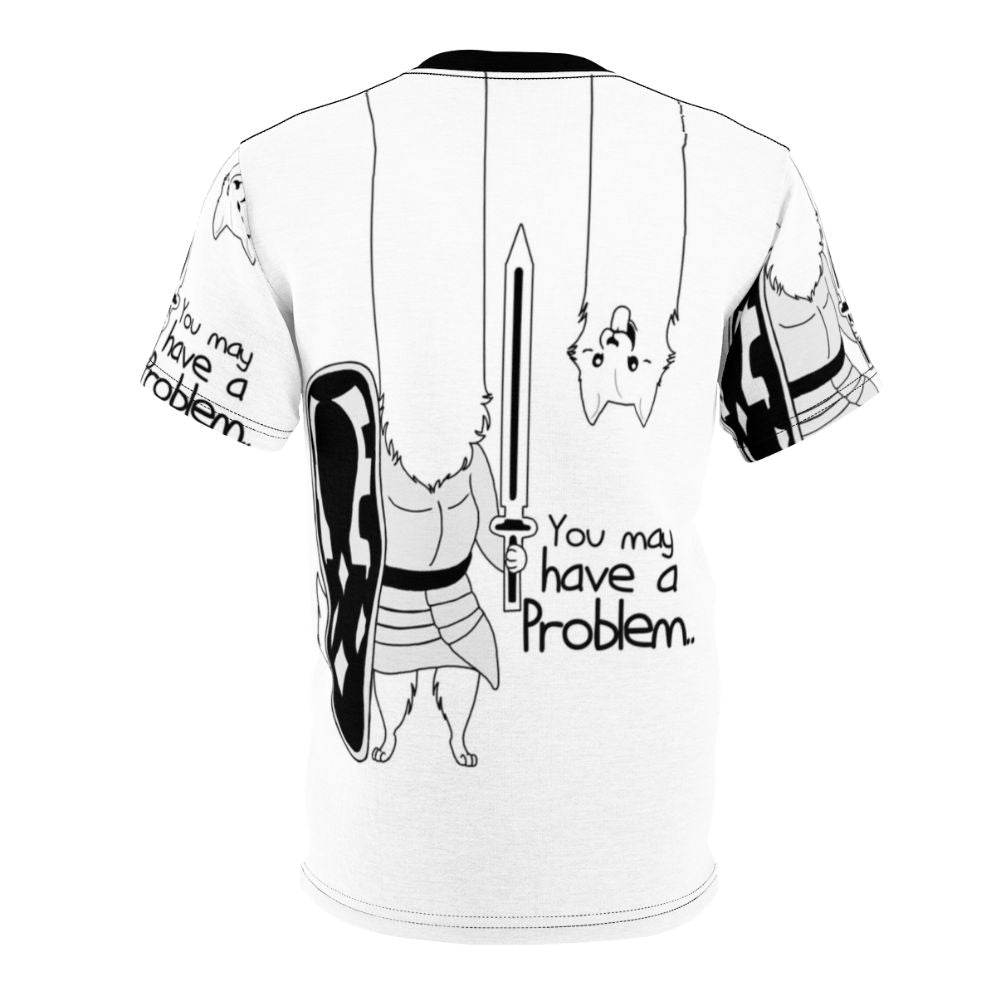 Stylish problem-solving dog lover's AOP t-shirt design featuring a sword and undertale-inspired elements - Back